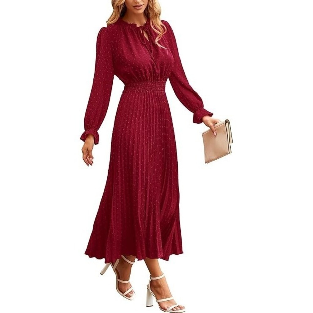 PrettyGarden Womens XXL Red Swiss Dot Pleated Short Sleeve Midi Dress Boho NWT‎